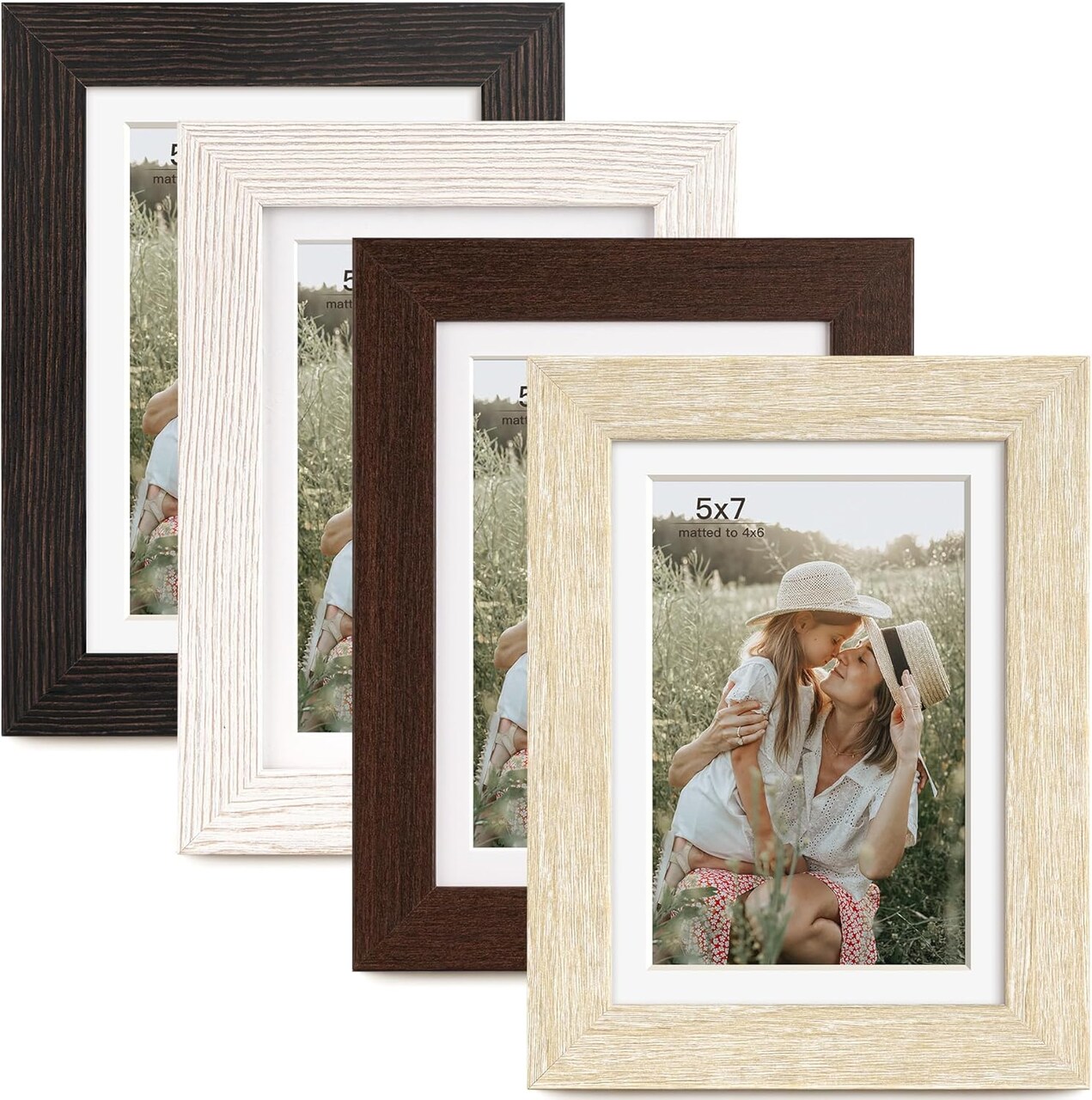 5x7 Picture Frame with Mat, Multicolour Wood Grain Gallery Wall Picture Frames for Tabletop or Wall Mounting(4 Pack, Multicolour)